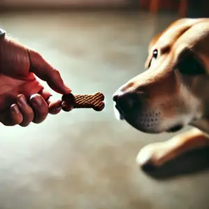 Eine Hand mit Leckerli führt einen Hund langsam Richtung Boden für das Platz-Kommando