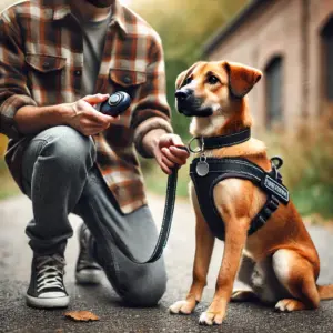 Ein Hundetrainer zeigt den Einsatz von Hilfsmitteln für Leinenführigkeit beim Hund, darunter ein Anti-Zug-Geschirr und Clicker während der Hund ruhig sitzt.