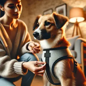 Hund auf Halsband und Geschirr vorbereiten: Besitzer legt einem entspannten Hund behutsam ein Geschirr an, um ihn an das neue Zubehör zu gewöhnen
