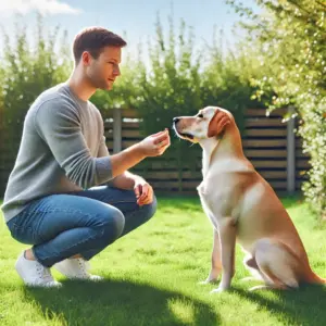 Der Besitzer übt mit dem Hund das "Sitz" bevor er dem Hund "Bleib" beibringen kann.