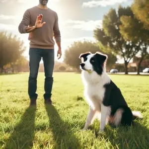Hund und Besitzer beim Lernen des Kommandos Bleib. Auf dem Bild wird die Entfernung erhöht.