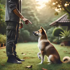 Ein Hund sitzt aufmerksam in einem ruhigen Garten, bereit für das Kommando-Training Platz und Down.