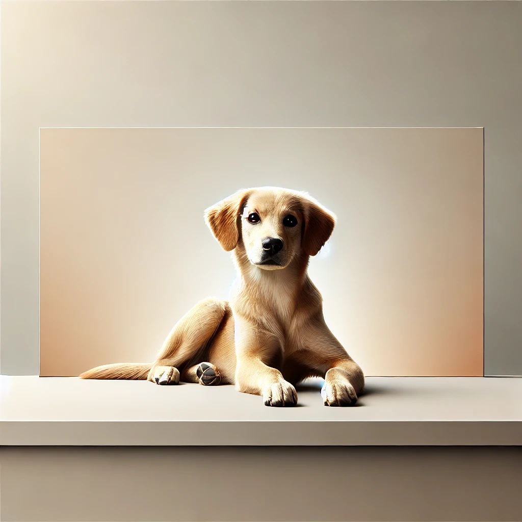 Ein entspannter Hund liegt auf einer glatten Oberfläche mit neutralem Hintergrund