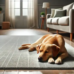 Ein Hund liegt entspannt auf einen Teppich, während der Besitzer nicht im Raum ist