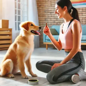 Ein Hund sitzt aufmerksam, während der Trainer ihm eine Belohnung in einem motivierenden Training für Hund Platz beibringen gibt.