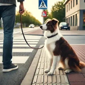 ein Border Collie, sitzt ruhig auf einem Bordstein an einer Straße. Der Hund kennt den Befehl "Bleib" hält Blickkontakt mit seinem Besitzer und wartet dass er weiter gehen darf