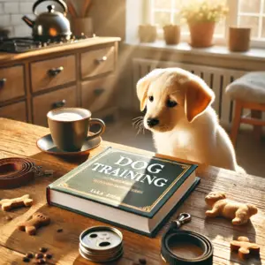 Ein Welpe liest zum Spaß das Hundeerziehung Buch und lernt viele neue Dinge