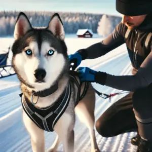 Ein Husky mit leuchtend blauen Augen wird von einer Person sorgfältig in ein gut sitzendes Geschirr für Skijoering eingespannt