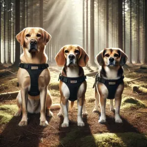 Drei Hunde verschiedener Rassen – Labrador, Beagle und eine kleine Mischlingsrasse – stehen nebeneinander in einem Wald. Jeder Hund trägt ein professionelles Geschirr, bereit für eine Mantrailing-Aktivität
