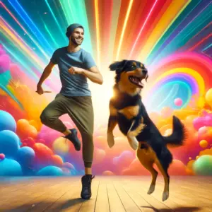 Ein Mann und ein Hund tanzen zusammen in einer farbenfrohen Outdoor-Umgebung und zeigen die Freude und Energie des Dogdancing