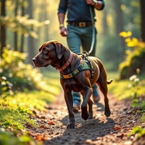 Ein Hund im professionellen Geschirr, der konzentriert einer Spur im Rahmen des Hundesports Mantrailing folgt. Im Hintergrund ist der Besitzer zu sehen, der die Leine locker hält, während das Team gemeinsam durch einen sonnendurchfluteten Wald läuft
