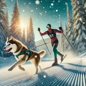 Ein Sportler in bunter Winterkleidung, der auf Skiern betreibt den Hundesport Skijöring und wird von seinem Hund gezogen