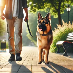 Ein erwachsener Schäferhund zeigt Leinenführigkeit beim Gehen an der Leine neben seinem Besitzer – Leinenführigkeit beim erwachsenen Hund trainieren