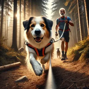 Hund beim Mantrailing im Trailgeschirr mit Schleppleine verfolgt konzentriert eine Spur im Wald