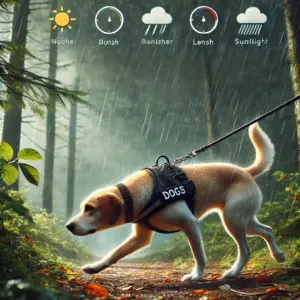 Ein Hund beim Mantrailing im Wald, fokussiert auf eine Spur. Die Szene zeigt verschiedene Witterungen wie Regen, Wind und Sonnenstrahlen, die die Herausforderungen des Hundesports Mantrailing verdeutlichen