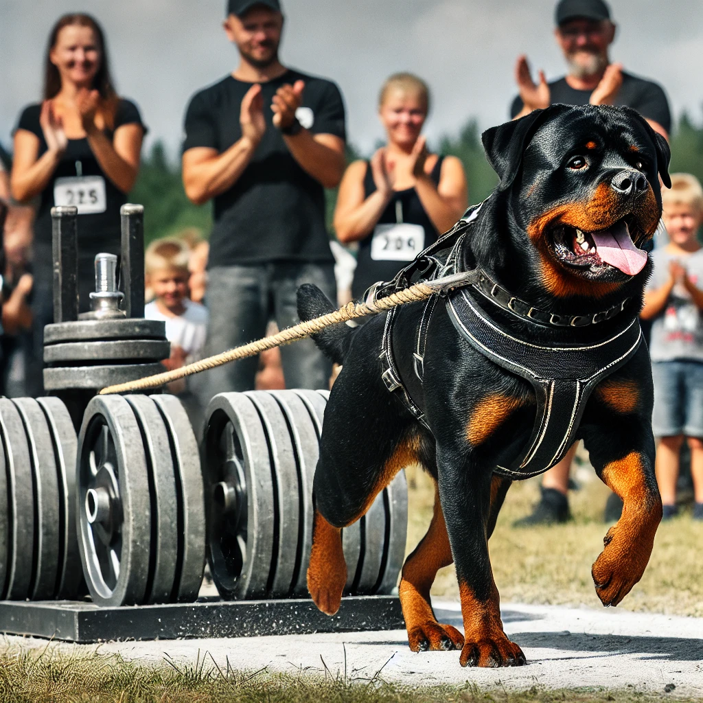 Ein Rottweiler zieht ein rekordverdächtiges Gewicht bei einem offiziellen Weight Pulling Wettbewerb