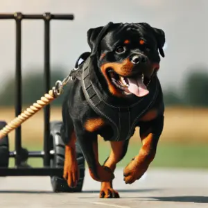 Ein muskulöser Rottweiler zieht voller Energie einen Wettbewerbswagen während eines offiziellen Weight Pulling Wettbewerbs. Der Hund trägt ein ergonomisches Zuggeschirr, das perfekt angepasst ist