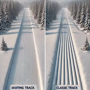 Ein Vergleich der Loipenarten für Skijoering: Links eine Skating-Loipe mit glattem, breitem Schneestreifen, rechts eine klassische Loipe mit parallelen Spurrillen