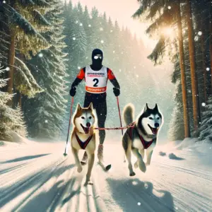 Ein Skijoering-Wettkampf im Winterwald: Ein Sportler auf Skiern wird von zwei energiegeladenen Huskys gezogen, die mit Geschirren verbunden sind