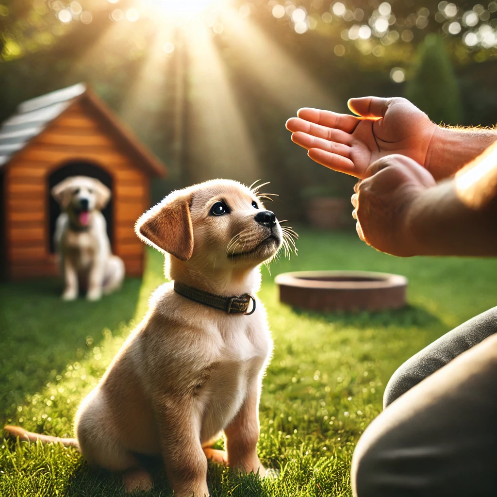 Tipps fuer Hundeerziehung. Ein Golden Retriever Welpe führt den Sitz Befehl durch