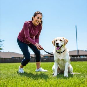 Eine lachende Frau trainiert ihren Labrador Retriever in einem Park nach den Tipps zur Hundeerziehung
