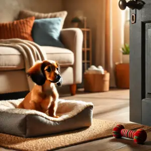 Ein kleiner Welpe, sitzt ruhig auf einem Hundebett während die Tür leicht geöffnet ist. Das Bild zeigt, wie der Welpe das Alleinbleiben übt.