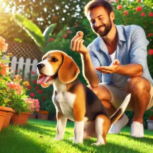 Ein Beagle-Welpe wird draußen von seinem Menschen gelobt, nachdem er sein Geschäft gemacht hat