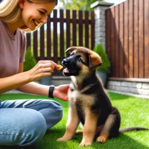 Ein Deutscher Schäferhund-Welpe, der von einer Frau das Kommando ‚Sitz‘ lernt und ein Leckerli erhält