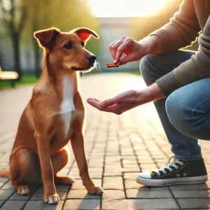 Ein gut trainierter Hund sitzt ruhig mit allen vier Pfoten auf dem Boden, während sein Besitzer ihn mit einem Leckerli belohnt