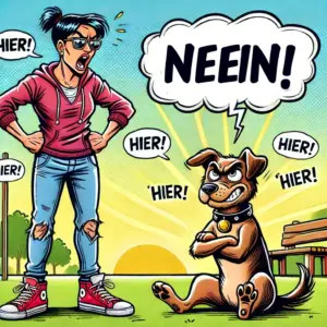 Eine wütende Frau ruft laut „Hier!“ in mehreren Sprechblasen, doch der Hund sitzt stur mit verschränkten Pfoten und antwortet trotzig „NEEIN!“ in einer großen Denkblase. Die Comic-Szene stellt humorvoll das Problem dar, wenn der Hund nicht auf Rückruf hört