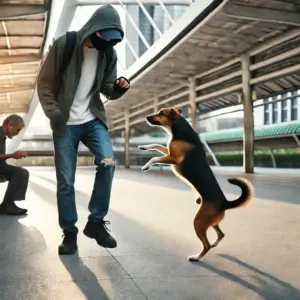 Ein Hund springt unerwartet an einem überraschten Passanten hoch, während dieser unbehaglich zurückweicht
