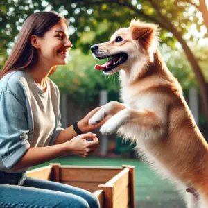 Ein Hund springt aufgeregt zu seinem Besitzer hoch, mit einer fröhlichen Mimik und direktem Blickkontakt. Der Besitzer bleibt ruhig stehen und beobachtet das Verhalten