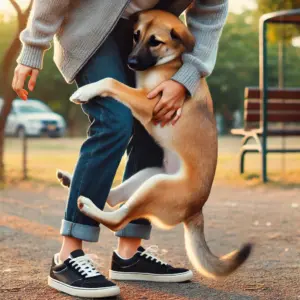 Ein Hund springt hoch und klammert sich mit seinen Vorderpfoten an der Taille einer Person fest. Die Person bleibt ruhig und versucht sanft, das Verhalten zu unterbinden. Die Szene spielt sich in einem Park ab und zeigt, wie man einem Hund beibringt, das Klammern beim Hochspringen zu vermeiden
