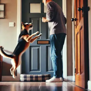Ein aufgeregter Hund springt an einer Person hoch, die ruhig bleibt und sich leicht zur Seite dreht, um das unerwünschte Verhalten zu unterbinden