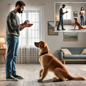 rueckruf-beim-hund-trainieren Ein Hund sitzt aufmerksam im Wohnzimmer und schaut zu seinem Besitzer, der eine Hundepfeife benutzt und eine Belohnung in der Hand hält Die Szene zeigt ein konzentriertes Rückruftraining in einer ruhigen, störungsarmen Umgebung
