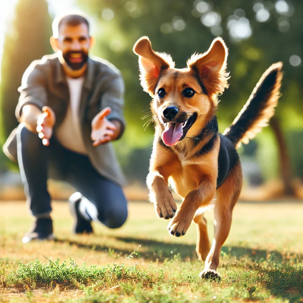 Ein fröhlicher Hund läuft mit gespitzten Ohren und wedelndem Schwanz auf seinen Besitzer zu, der in einem sonnigen Park kniet und mit offenen Armen auf den Rückruf reagiert