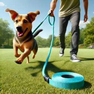 Ein fröhlicher Hund läuft mit gespitzten Ohren und offener Schnauze an einer langen, türkisfarbenen Schleppleine über eine grüne Wiese. Die Szene zeigt das Rückruftraining im Freien mit Schleppleine als Hilfsmittel