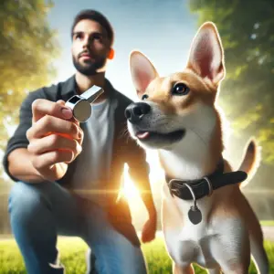 Ein Mann hält eine Hundepfeife, während ein aufmerksamer Hund gespannt daneben steht. Die Szene symbolisiert das Training mit der Hundepfeife zur Signalverstärkung in einer ruhigen, natürlichen Umgebung