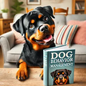 Ein lustiger Rottweiler Welpe liest ein Buch über Aggression bei Hunden damit er lernt seine Gefühle zu kontrollieren