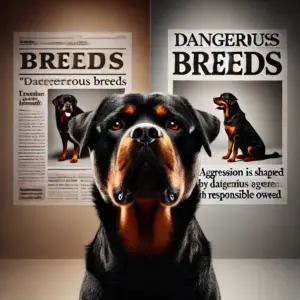 Rottweiler schaut sich eine Zeitung an auf der seine Rasse einmal als aggressive Hunderase und einmal als liebevoller Familienhund vorgestellt wird