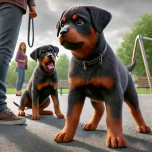 zwei Rottweiler Welpen zeigen ein aggressives Verhalten