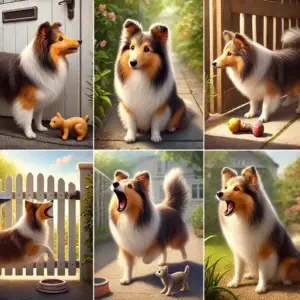 Collage eines Shetland Sheepdogs (Sheltie) in verschiedenen Alltagssituationen – vom neugierigen Blick über den Zaun bis zum lauten Bellen – als Darstellung unterschiedlicher Bellarten wie Aufmerksamkeit, Warnung, Spiel oder Unsicherheit.