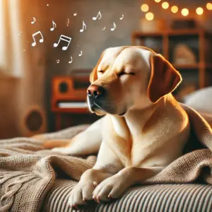 Der Labrador sitzt im Bett und lauscht der beruhigenden Musik, die sich für Hunde ebenso wie für Menschen sehr positiv auswirkt und zur Entspannung beitragen kann