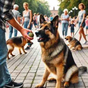 Ein erwachsener Deutscher Schäferhund in einem belebten Park, der das Kommando Aus trainiert. Der Hund fokussiert sich auf seinen Besitzer und lässt ein Spielzeug los
