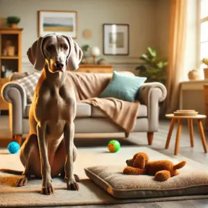 Weimaraner sitzt ruhig im Wohnzimmer neben einem Kuscheltier auf seinem Platz – Training für Hund alleine lassen üben