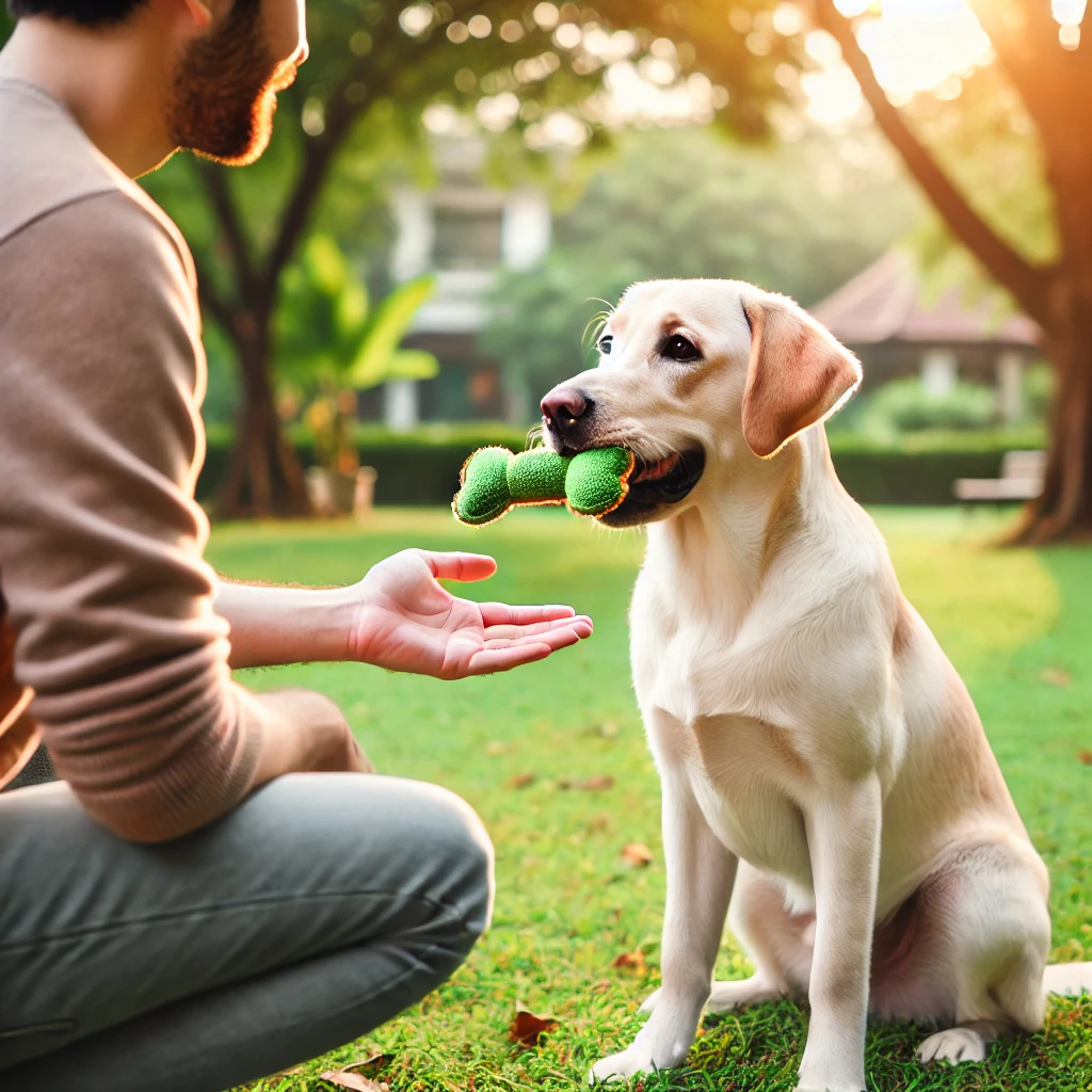 Ein gut trainierter Labrador Retriever sitzt in einem Park und lernt das Kommando 'Aus', während sein Besitzer ihm eine Belohnung anbietet