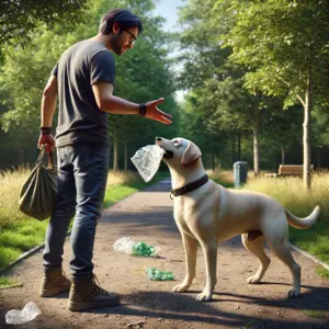 Der Hund hat eine Plastiktüte im Maul die er dringen fallen lassen muss. Der Besitzer übt den Befehl Aus um das zu verbessern