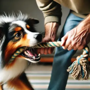 Ein energiegeladener Australian Shepherd ist in ein kontrolliertes Zerrspiel mit seinem Besitzer vertieft, während er das Kommando 'Aus' trainiert
