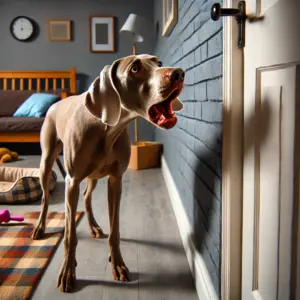 Hund bellt, wenn er alleine ist: Weimaraner steht an der Tür und zeigt Trennungsangst