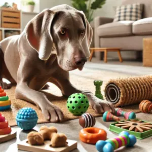 Der Weimaraner beschäftigt sich während der Abwesenheit seines Besitzers mit Schnüffelspiele und Kong